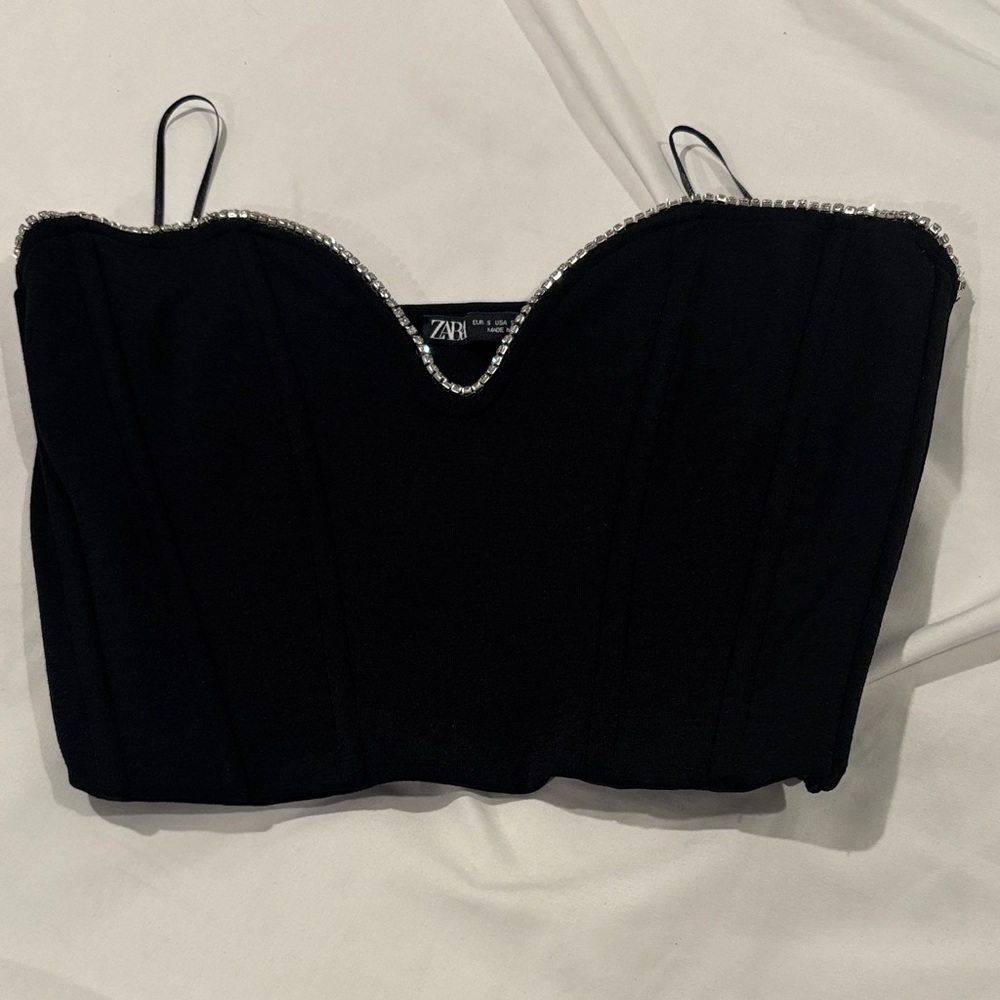 Zara Black Women's Crop Top with Beaded Trim